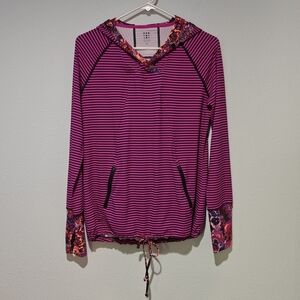 Title Nine Hoodie Medium Hot Pink  Black Stripe Floral Detail Boho Grunge